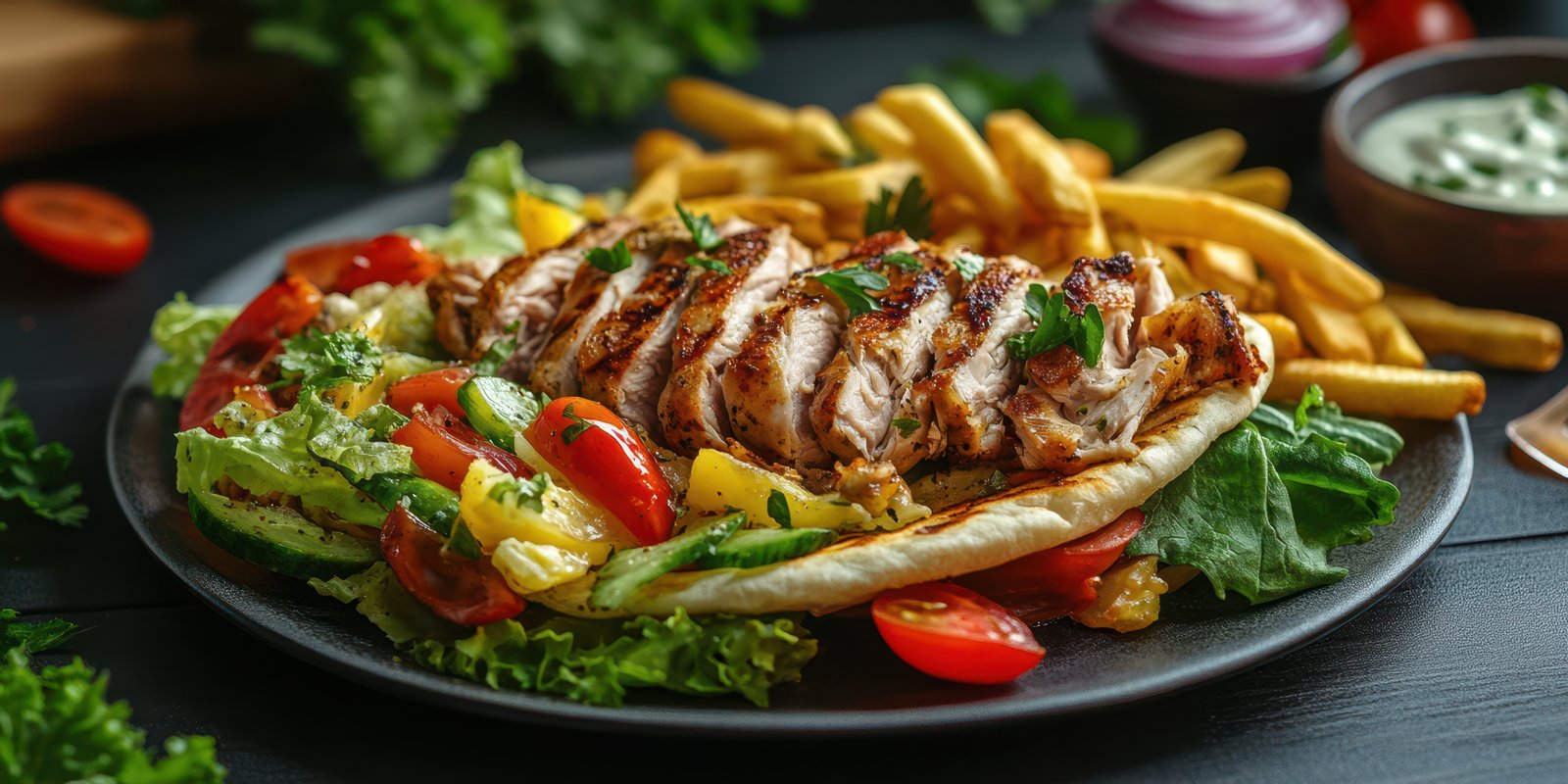 Grilled chicken platter with fresh vegetables and crispy fries served on a dark wooden table